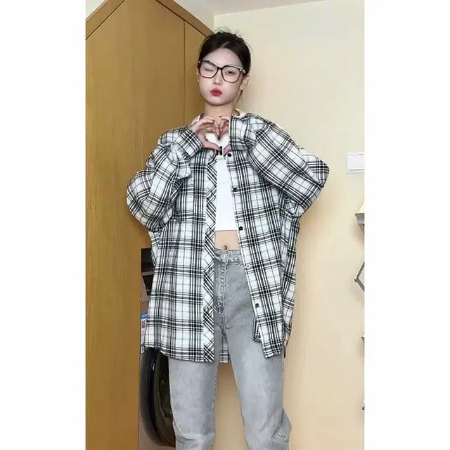 黑恐龙 百搭舒适宽松格子垂感复古长袖衬衫 男女同款