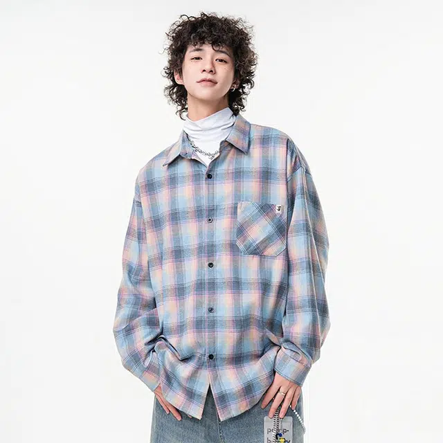 依文 美式基础款格子简约百搭通勤长袖衬衫 男女同款 蓝粉