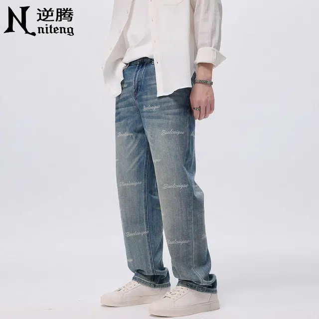 逆腾 字母印花直筒阔腿垂感牛仔裤 男款 复古蓝