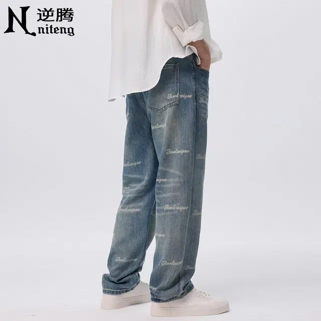逆腾 字母印花直筒阔腿垂感牛仔裤 男款 复古蓝