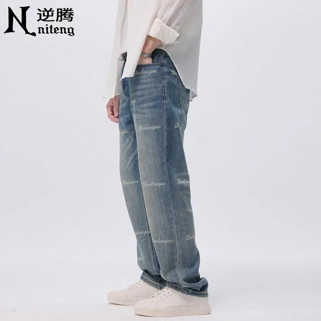 逆腾 字母印花直筒阔腿垂感牛仔裤 男款 复古蓝