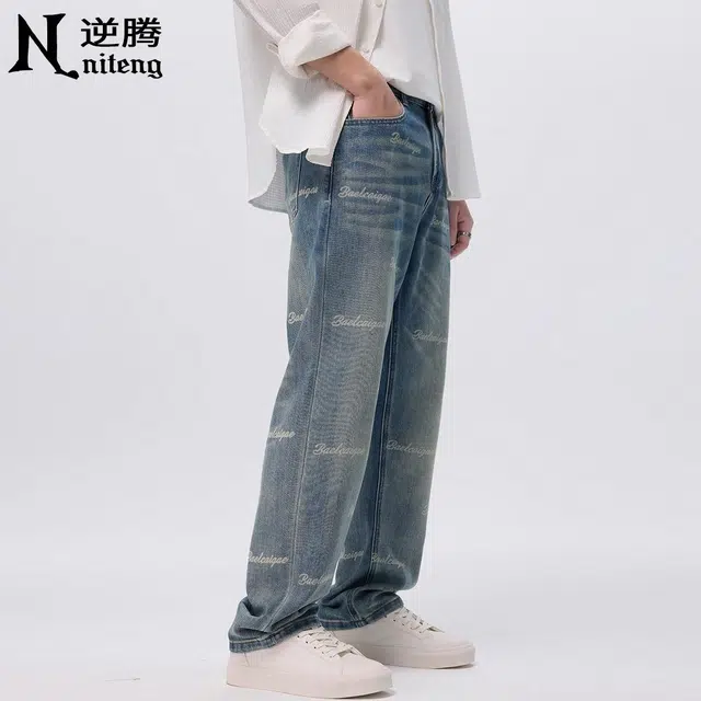 逆腾 字母印花直筒阔腿垂感牛仔裤 男款 复古蓝