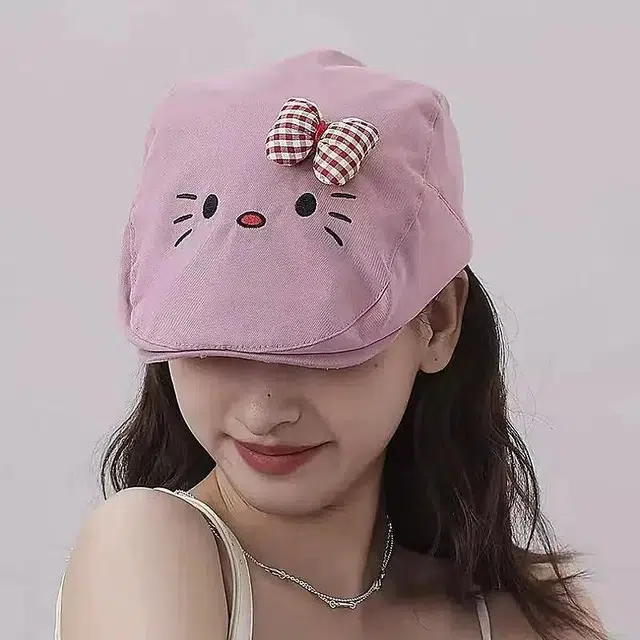 尚先生 日系可爱猫咪蝴蝶结前进帽 甜美百搭显脸小画家帽 棉 贝雷帽 女款