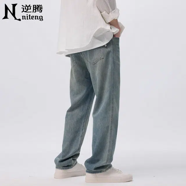 逆腾 潮牌垂感直筒阔腿复古牛仔裤 男款 蓝色