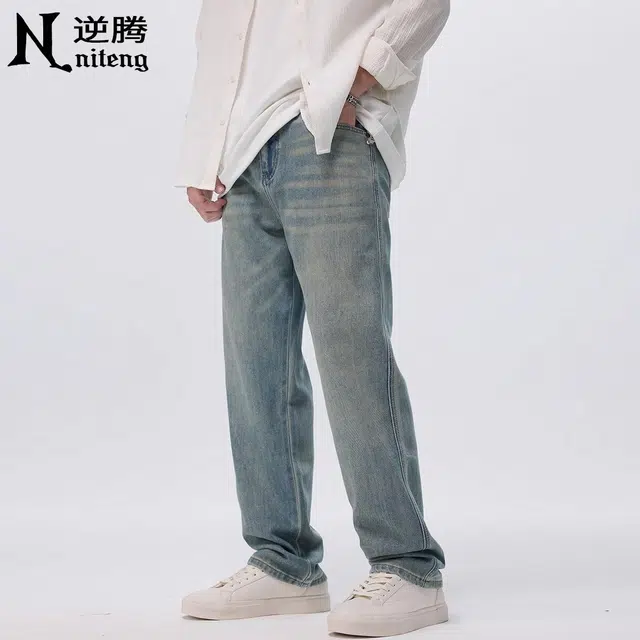 逆腾 潮牌垂感直筒阔腿复古牛仔裤 男款 蓝色