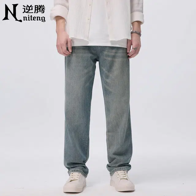 逆腾 潮牌垂感直筒阔腿复古牛仔裤 男款 蓝色