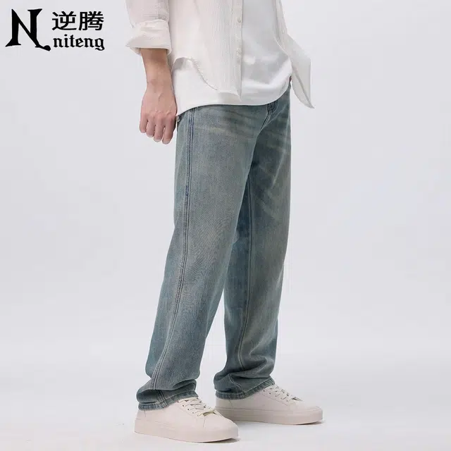 逆腾 潮牌垂感直筒阔腿复古牛仔裤 男款 蓝色