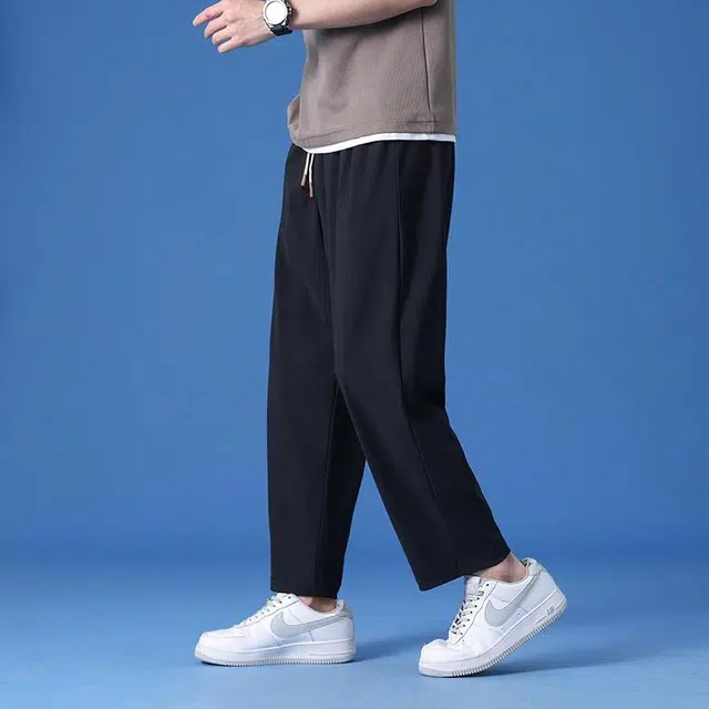 快鱼 简约基础款宽松直筒纯色百搭潮牌时尚运动弹力冰丝直筒适中中腰宽松松紧有弹力长裤休闲裤 男女同款