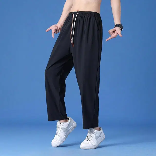 快鱼 简约基础款宽松直筒纯色百搭潮牌时尚运动弹力冰丝直筒适中中腰宽松松紧有弹力长裤休闲裤 男女同款