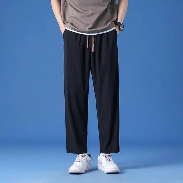 快鱼 简约基础款宽松直筒纯色百搭潮牌时尚运动弹力冰丝直筒适中中腰宽松松紧有弹力长裤休闲裤 男女同款