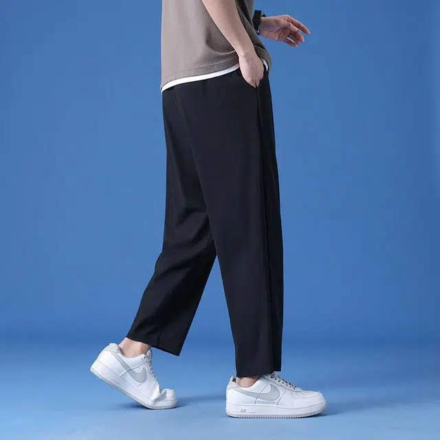 快鱼 简约基础款宽松直筒纯色百搭潮牌时尚运动弹力冰丝直筒适中中腰宽松松紧有弹力长裤休闲裤 男女同款