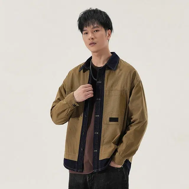 赞仕 撞色拼接牛仔水洗不掉色结构性胸前口袋长袖衬衫 男款
