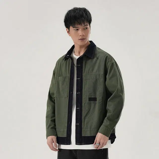 赞仕 撞色拼接牛仔水洗不掉色结构性胸前口袋长袖衬衫 男款