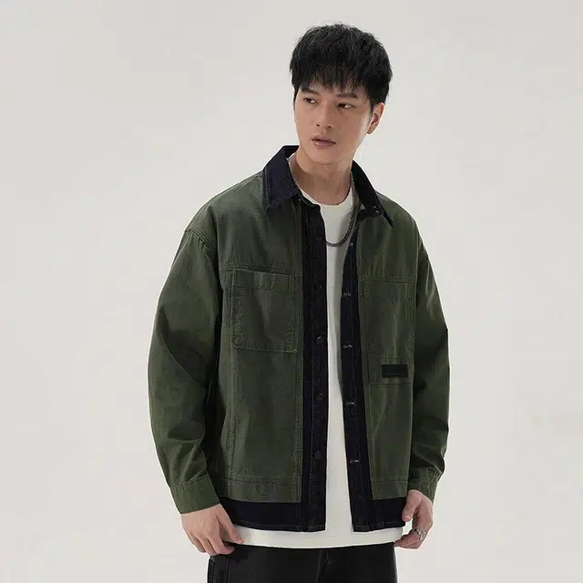 赞仕 撞色拼接牛仔水洗不掉色结构性胸前口袋长袖衬衫 男款