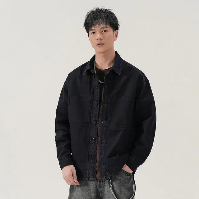 赞仕 撞色拼接牛仔水洗不掉色结构性胸前口袋长袖衬衫 男款