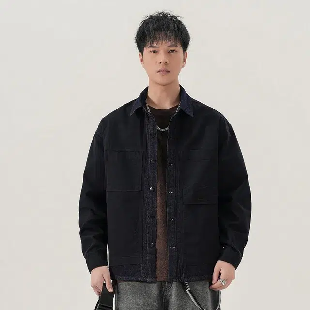 赞仕 撞色拼接牛仔水洗不掉色结构性胸前口袋长袖衬衫 男款