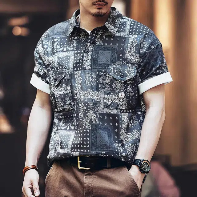 格蓝鹿 美式休闲落肩袖短袖衬衫 男款