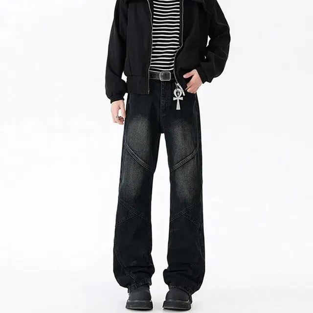 佐菲利 美式潮牌拼接休闲高街直筒牛仔裤 男女同款