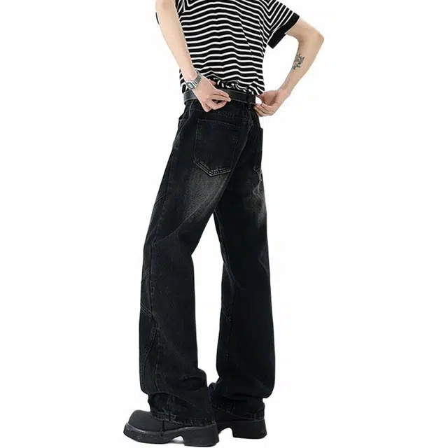 佐菲利 美式潮牌拼接休闲高街直筒牛仔裤 男女同款