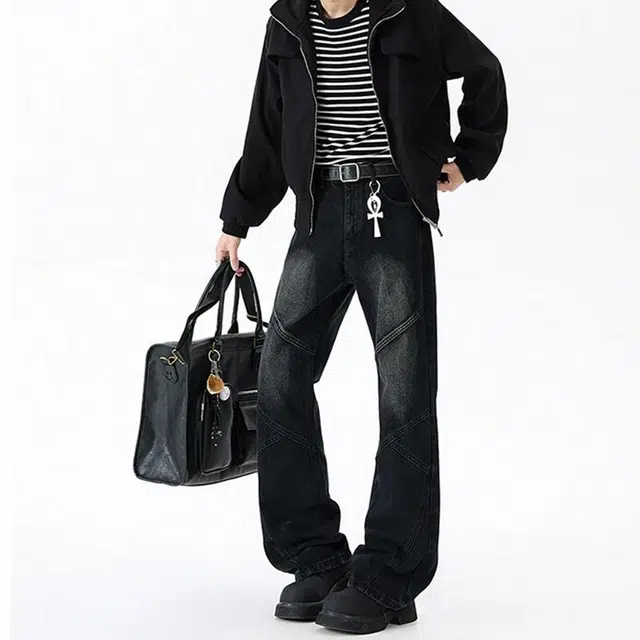 佐菲利 美式潮牌拼接休闲高街直筒牛仔裤 男女同款