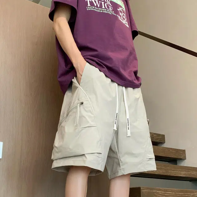 吾皇猫 美式复古简约百搭五分裤潮流中腰系带宽松直筒舒适透气裤子多口袋工装休闲短裤 男女同款