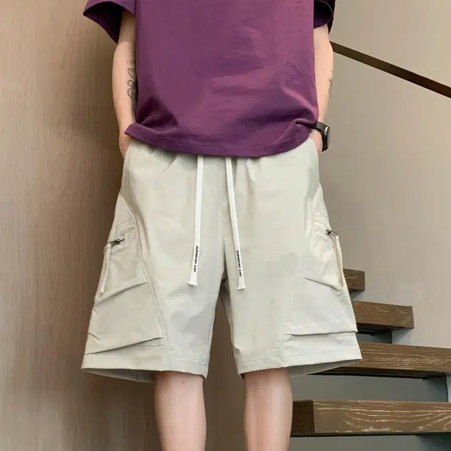 吾皇猫 美式复古简约百搭五分裤潮流中腰系带宽松直筒舒适透气裤子多口袋工装休闲短裤 男女同款