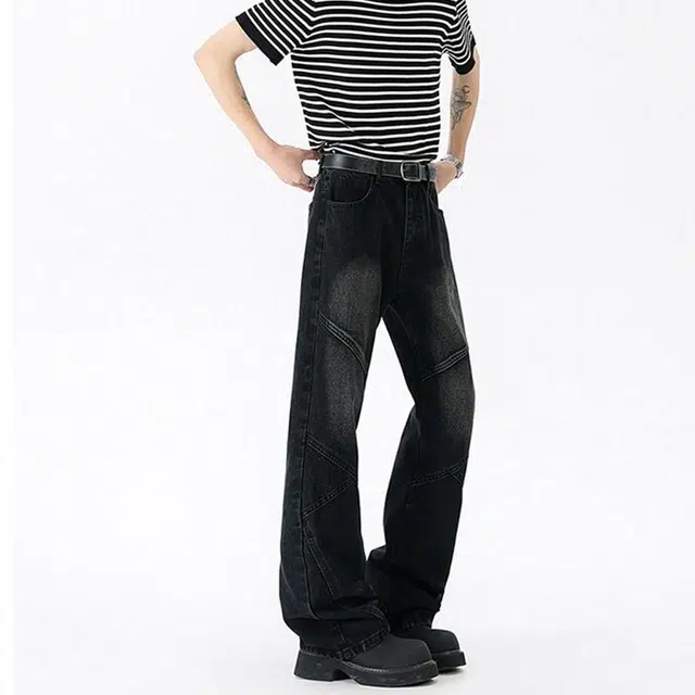 佐菲利 美式潮牌拼接休闲高街直筒牛仔裤 男女同款
