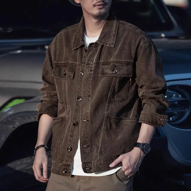 格蓝鹿 美式复古工装水洗做旧翻领长袖牛仔外套 男款