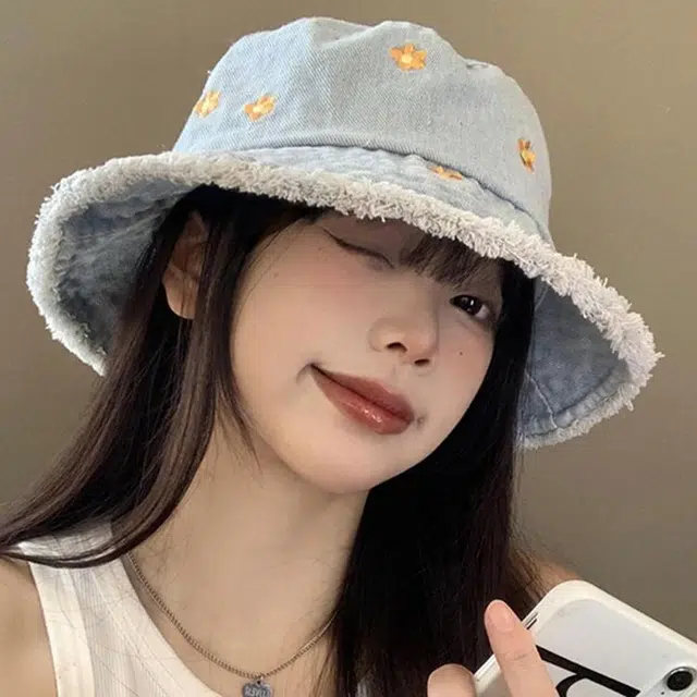 俞兆林 日系花朵磨边刺绣牛仔水桶帽春夏季防晒遮阳大头围显脸时尚休闲学生百搭盆帽 聚酯纤维 渔夫帽 男女同款情侣款