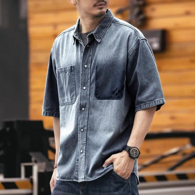 格蓝鹿 宽松休闲欧美简约尖领短袖衬衫 男款 浅蓝
