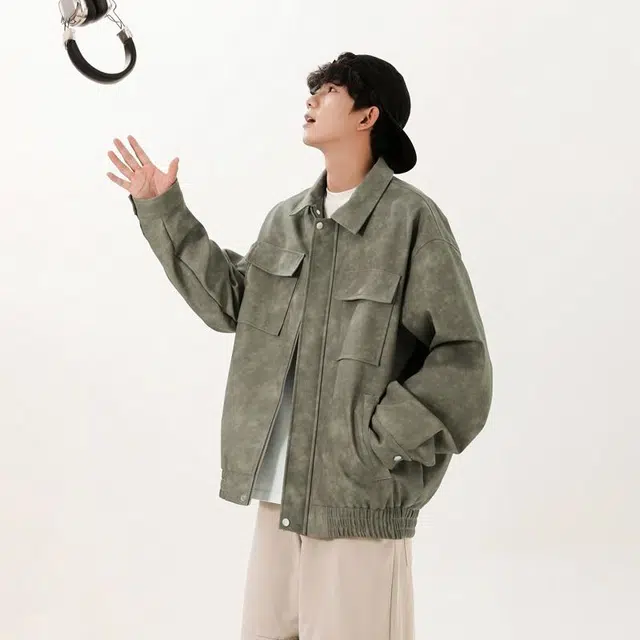 【dme】 机能风经典复古宽松拉链大口袋重型工装暗纹翻领长袖设计感皮衣 男女同款
