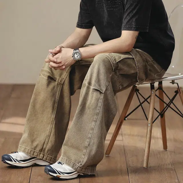 格蓝鹿 美式做旧潮牌宽松直筒阔腿休闲牛仔裤 男款 沙尘