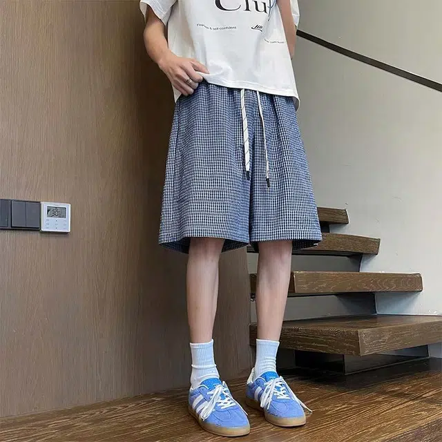 物质公式 美式复古格子条纹小众设计高级感宽松日常通勤透气速干简约五分裤直筒百搭系带抽绳休闲短裤 男女同款