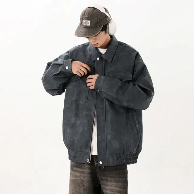 【dme】 机能风经典复古宽松拉链大口袋重型工装暗纹翻领长袖设计感皮衣 男女同款