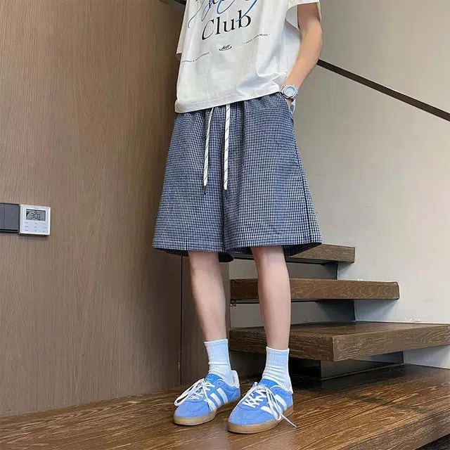 物质公式 美式复古格子条纹小众设计高级感宽松日常通勤透气速干简约五分裤直筒百搭系带抽绳休闲短裤 男女同款