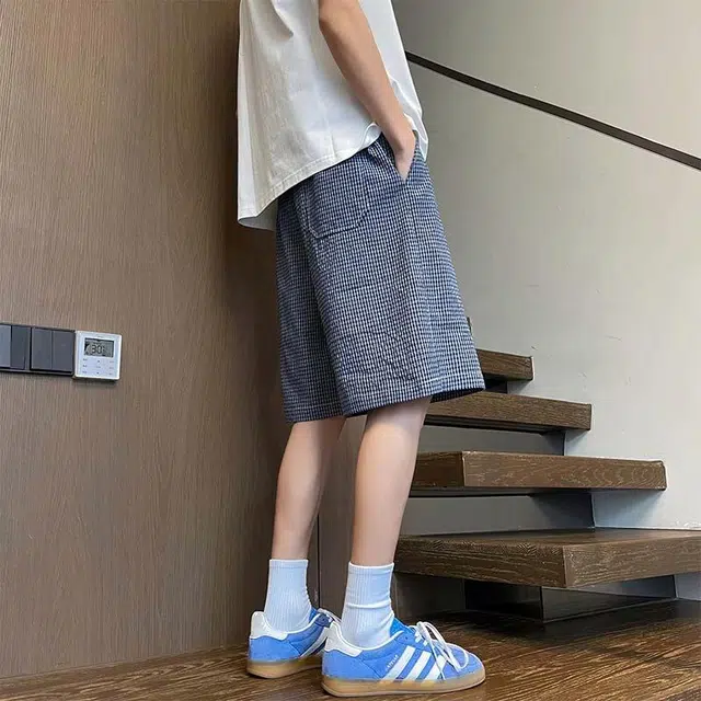 物质公式 美式复古格子条纹小众设计高级感宽松日常通勤透气速干简约五分裤直筒百搭系带抽绳休闲短裤 男女同款