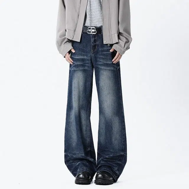 佐菲利 美式高街风格复古百搭垂感猫须宽松直筒牛仔裤 男女同款 蓝色