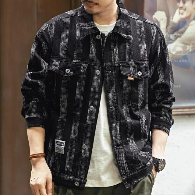 格蓝鹿 单排扣宽松翻领长袖牛仔外套 男款 黑色