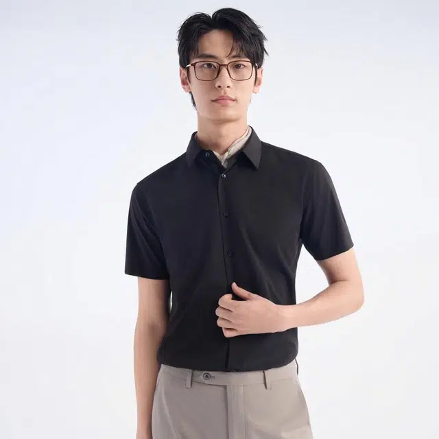 九牧王男裤专家 商务休闲时尚百搭柔软亲肤舒适纯色修身短袖衬衫 男款
