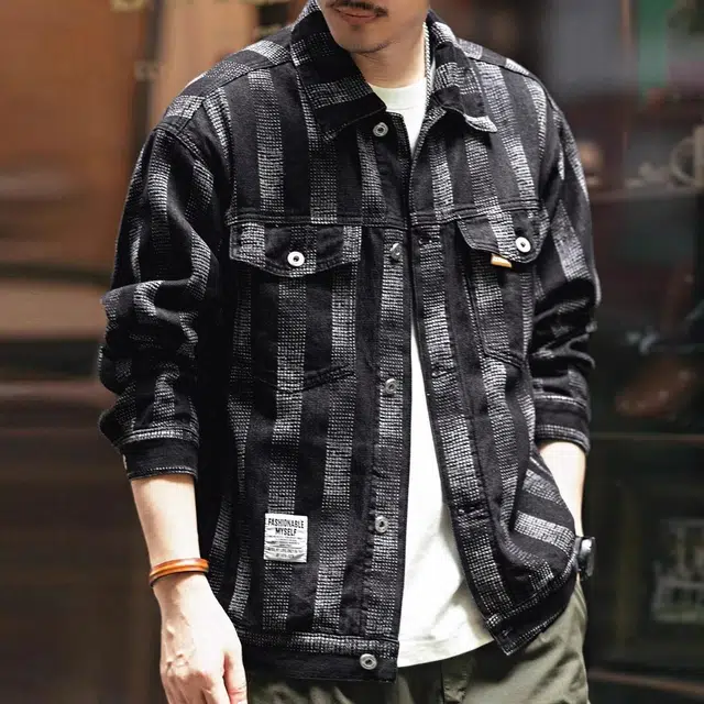 格蓝鹿 单排扣宽松翻领长袖牛仔外套 男款 黑色