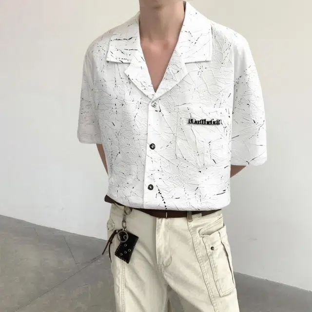 棉致 美式街头风 夏季设计感镂空暗纹古巴领短袖痞帅衬衫 男女同款