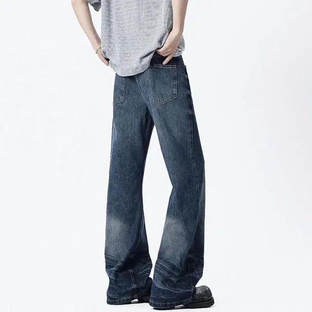 佐菲利 美式高街风格复古百搭垂感猫须宽松直筒牛仔裤 男女同款 蓝色