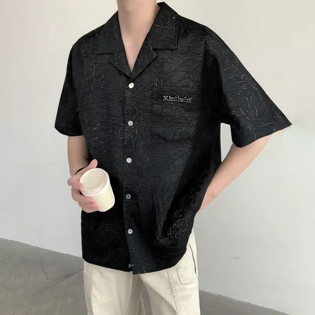 棉致 美式街头风 夏季设计感镂空暗纹古巴领短袖痞帅衬衫 男女同款