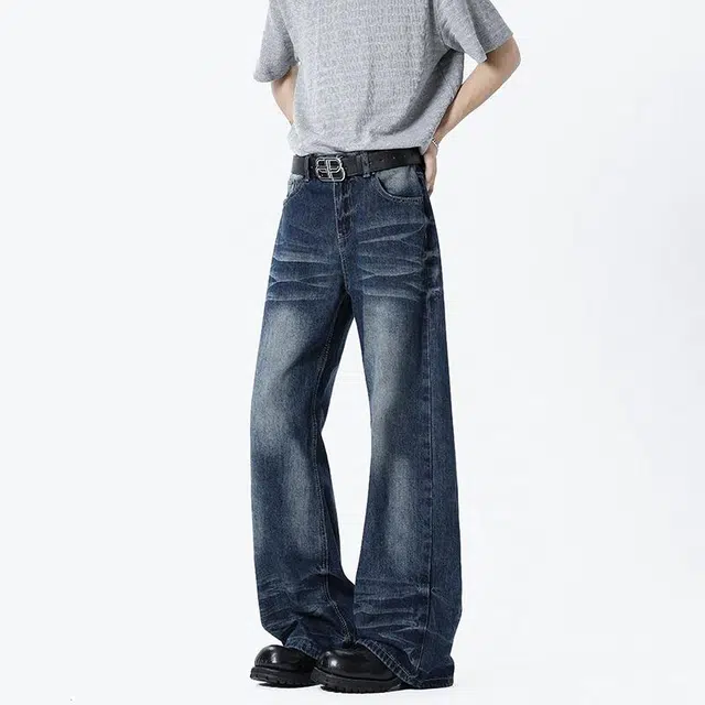 佐菲利 美式高街风格复古百搭垂感猫须宽松直筒牛仔裤 男女同款 蓝色