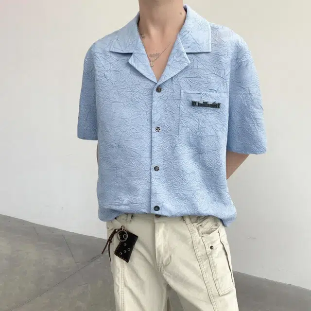 棉致 美式街头风 夏季设计感镂空暗纹古巴领短袖痞帅衬衫 男女同款