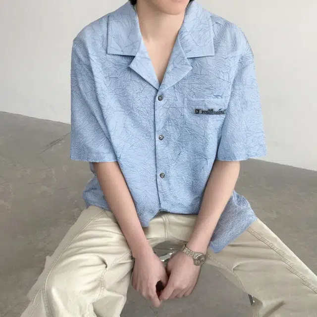棉致 美式街头风 夏季设计感镂空暗纹古巴领短袖痞帅衬衫 男女同款