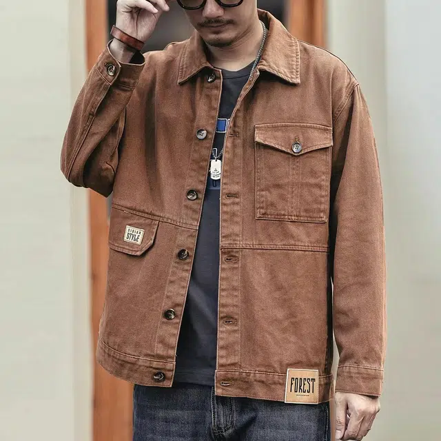 格蓝鹿 美式复古工装纯色长袖夹克外套 男款