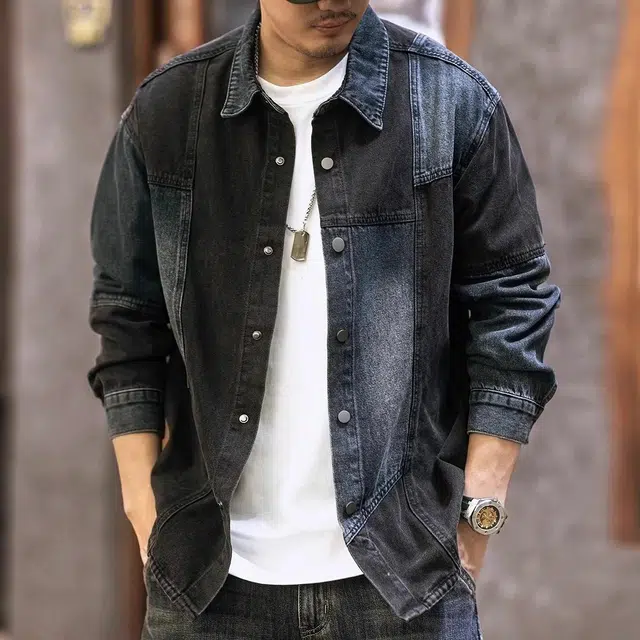 格蓝鹿 美式复古拼接宽松大码牛仔长袖衬衫 男款