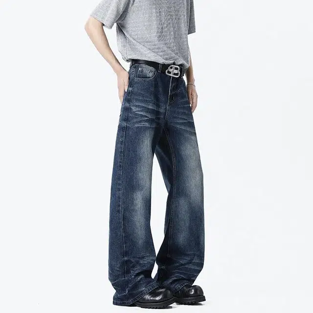 佐菲利 美式高街风格复古百搭垂感猫须宽松直筒牛仔裤 男女同款 蓝色
