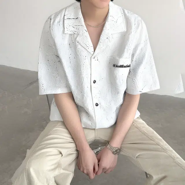 棉致 美式街头风 夏季设计感镂空暗纹古巴领短袖痞帅衬衫 男女同款